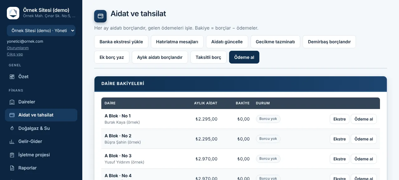 Yuva Yönetim aidat ve tahsilat ekranı: daire bakiyeleri ve aidat işlemleri